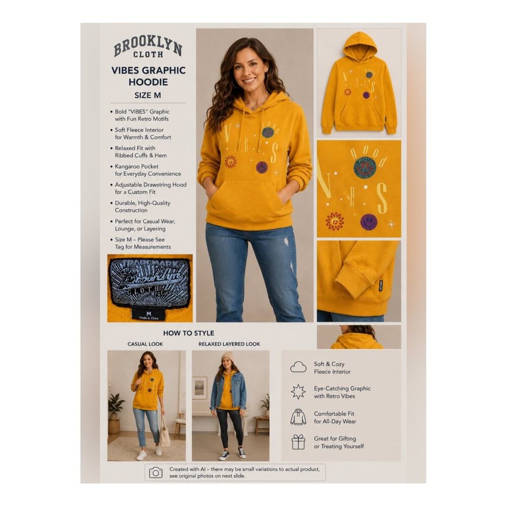 Womens Sweatshirt Size M Yellow Lightweight Pullover Hoodie Good Vibes Cozy Fun